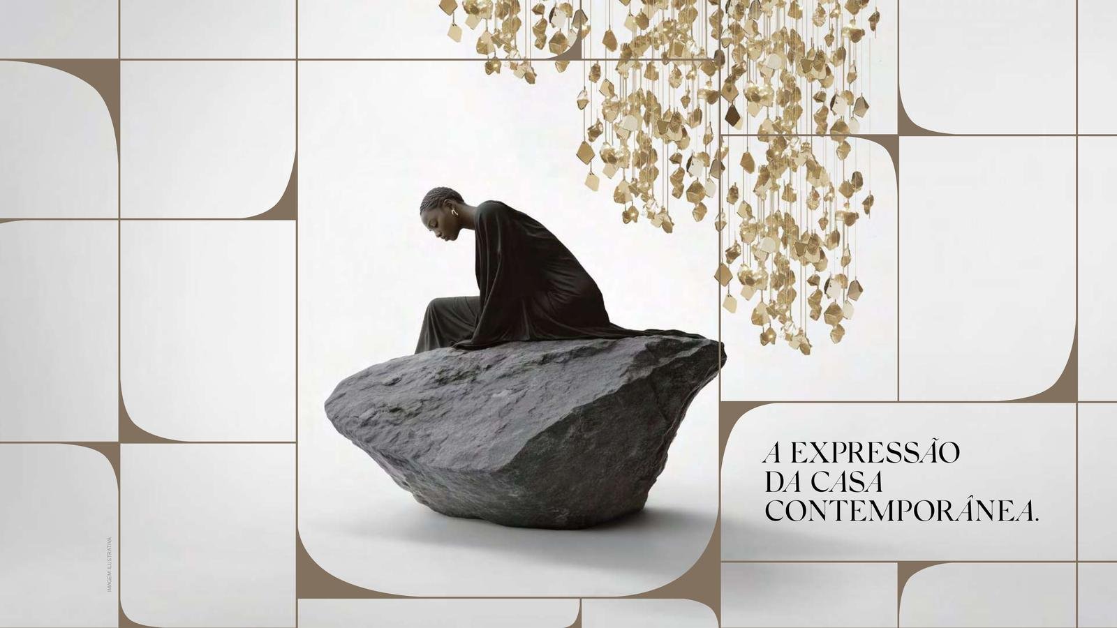Arte Batel — escultura sobre pedra e lustre dourado, expressão da casa contemporânea