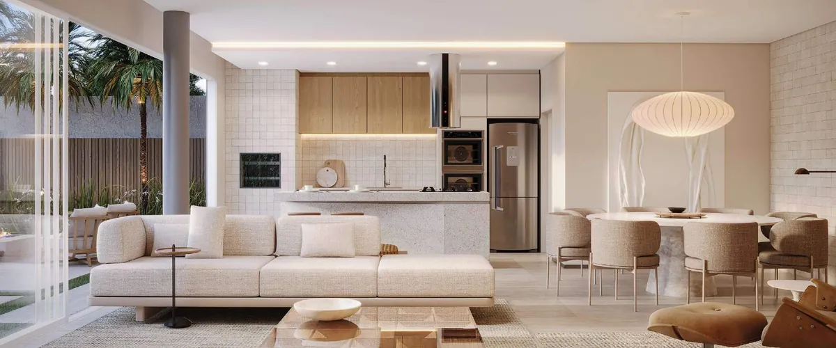 Cozinha e sala integradas abertas para o jardim, planta A