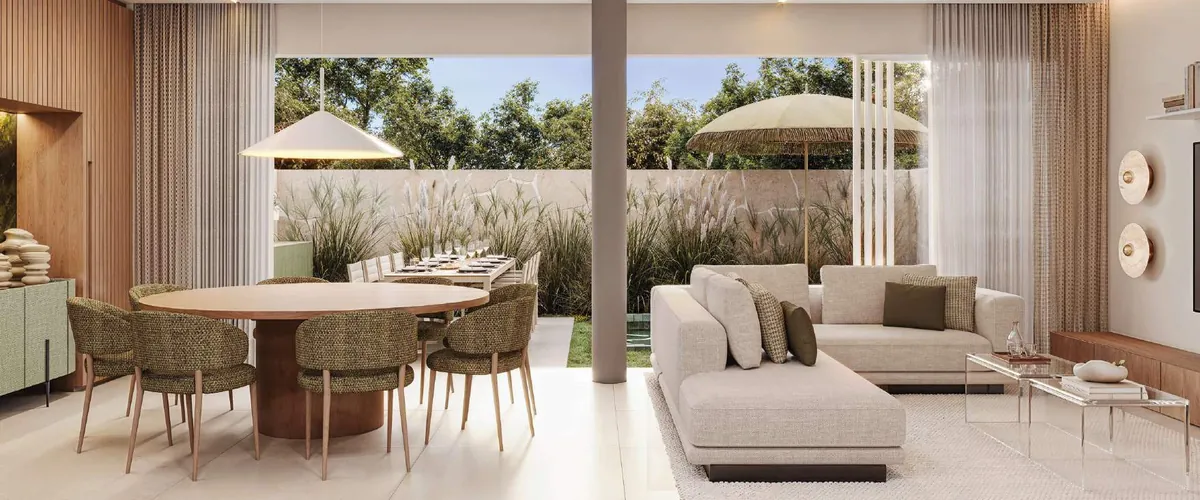 Living integrado com porcelanato e sofá amplo, planta B