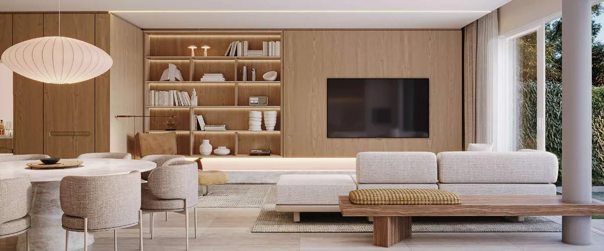 Home office com painel ripado de madeira, planta A