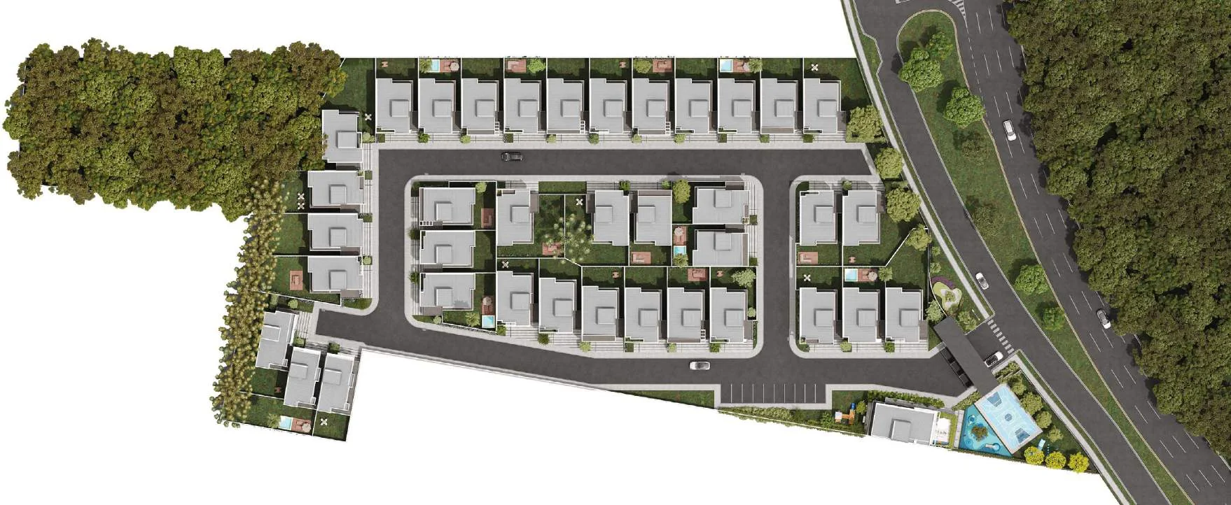 Implantação do Atmos Ecoville com 37 casas independentes e bosque preservado