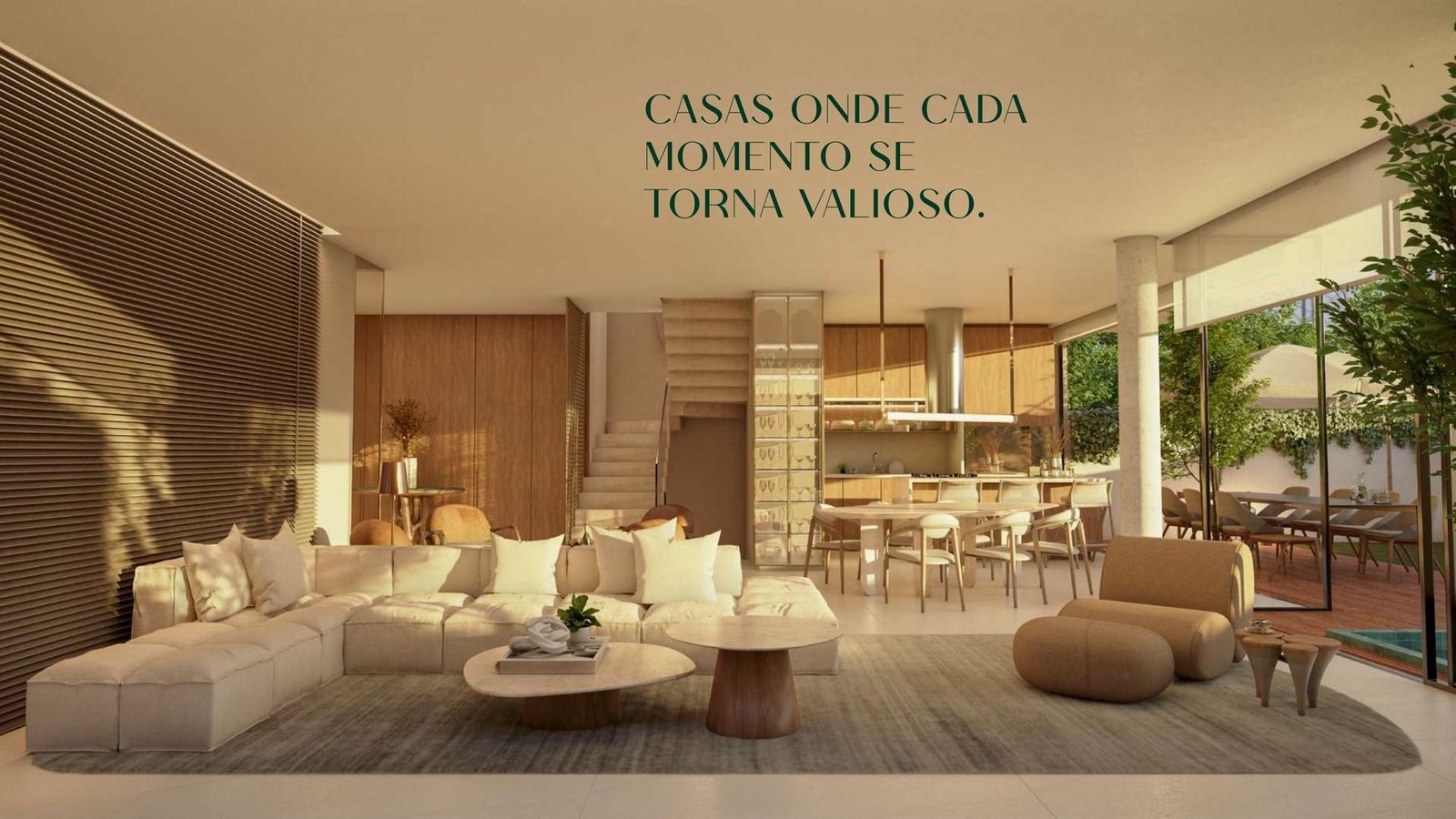 Living integrado do térreo com sala de estar, jantar e cozinha em uma casa do Aurora Garden