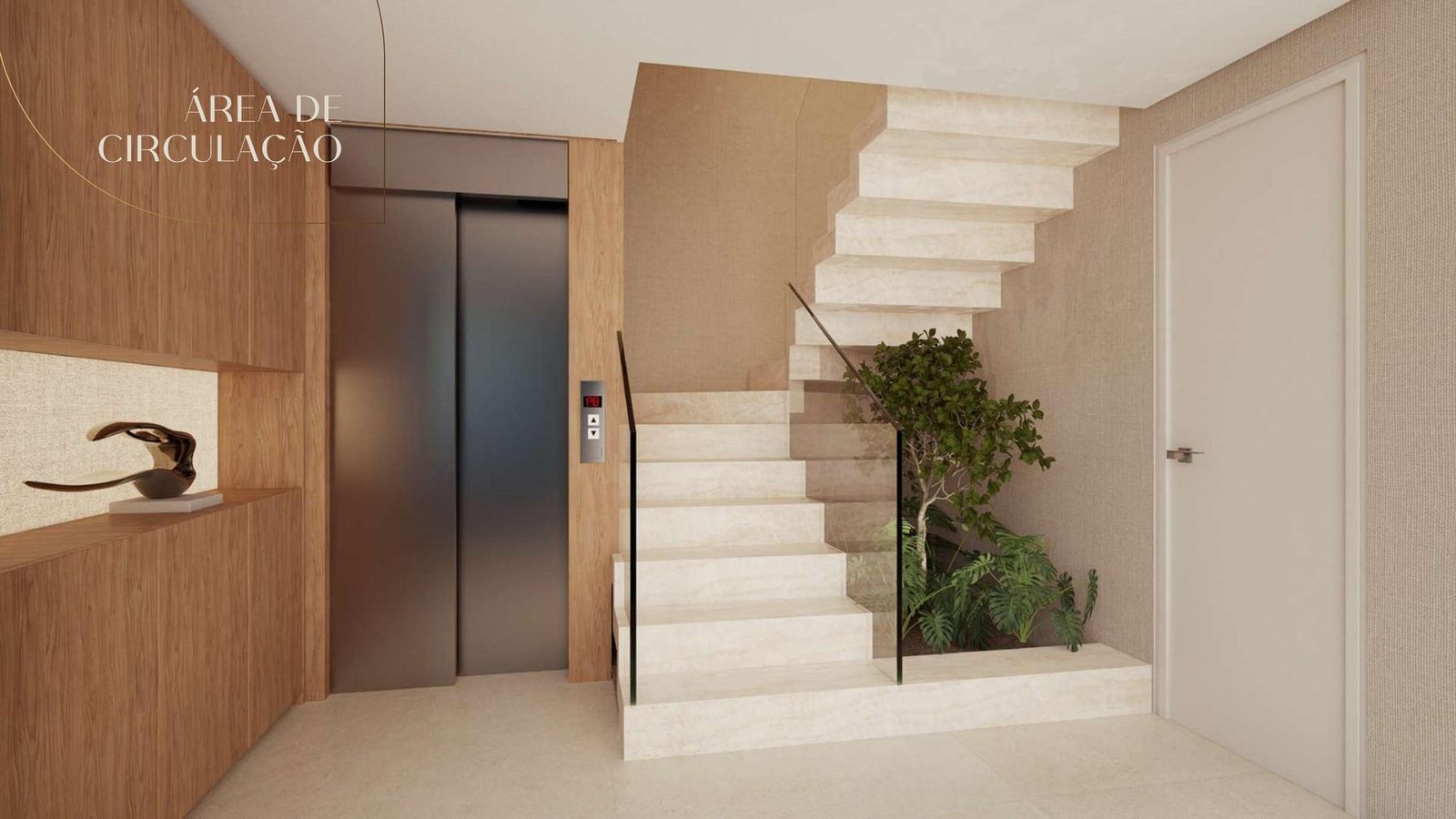 Elevador privativo e escada em mármore na área de circulação de uma casa do Aurora Garden