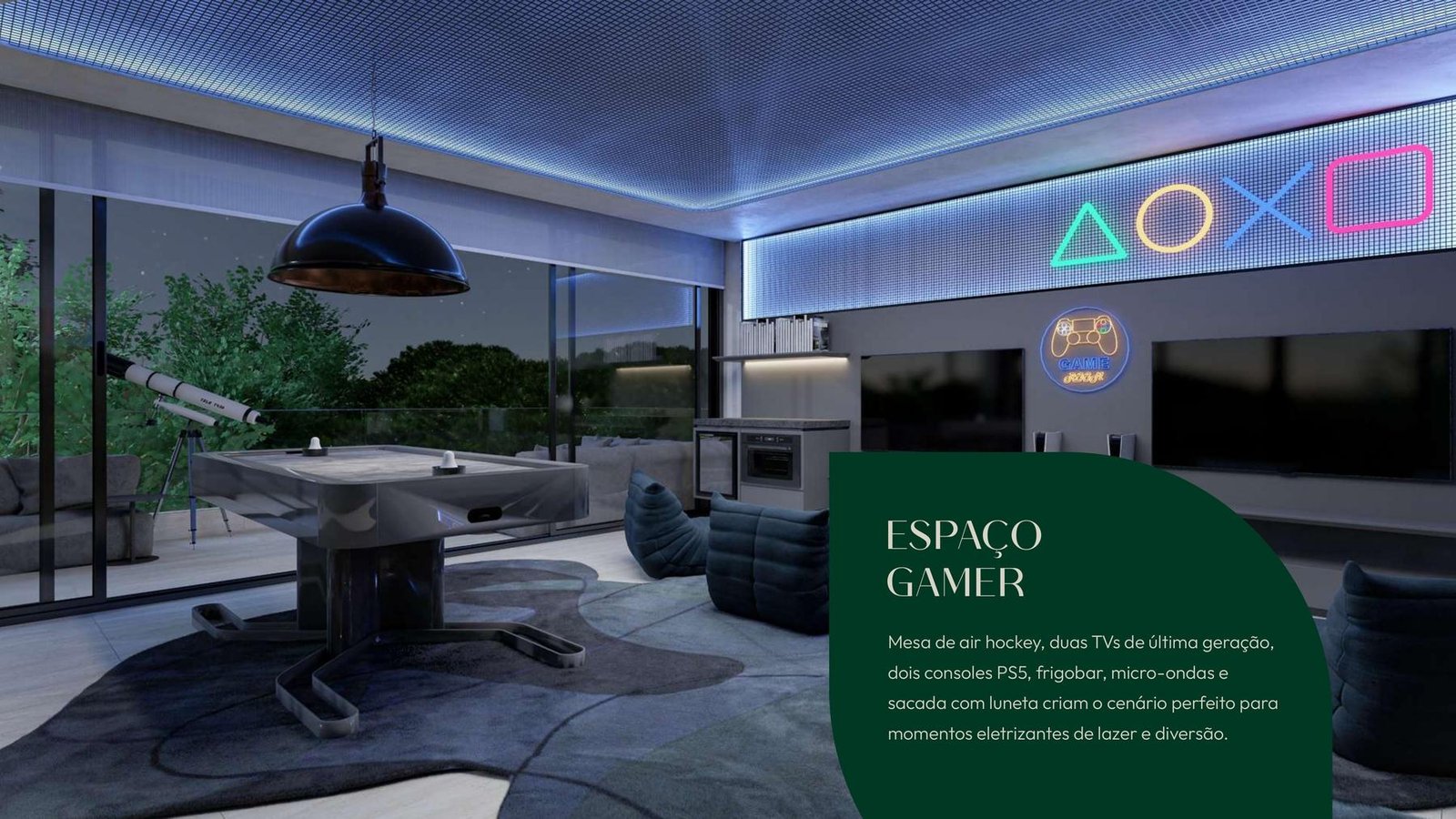 Espaço gamer com consoles PS5 e sacada com luneta no Aurora Garden