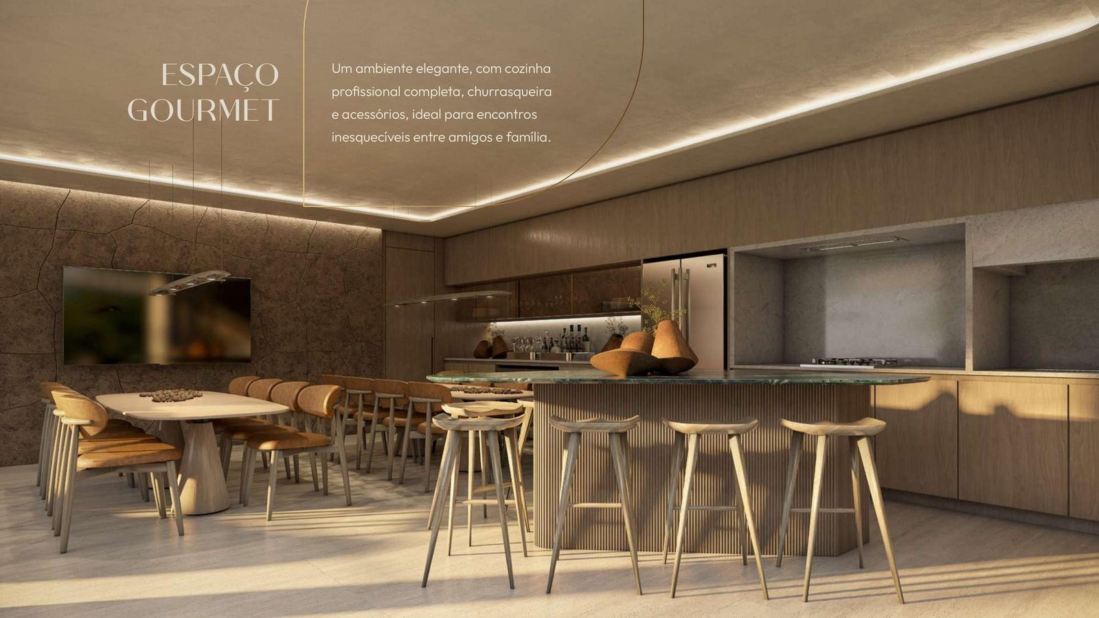 Espaço gourmet com cozinha profissional e churrasqueira no Aurora Garden