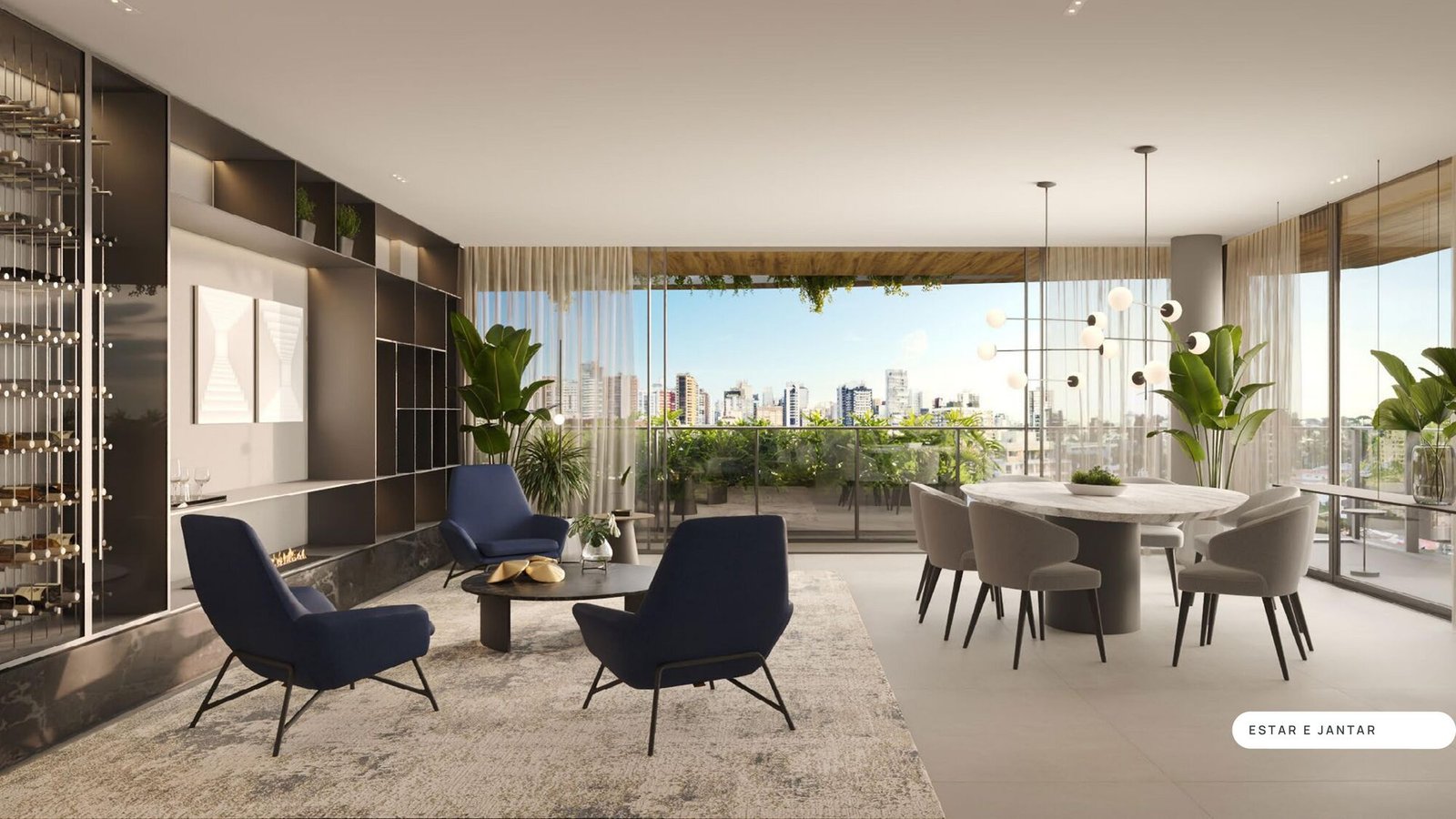 Estar e jantar integrados à varanda do apartamento tipo