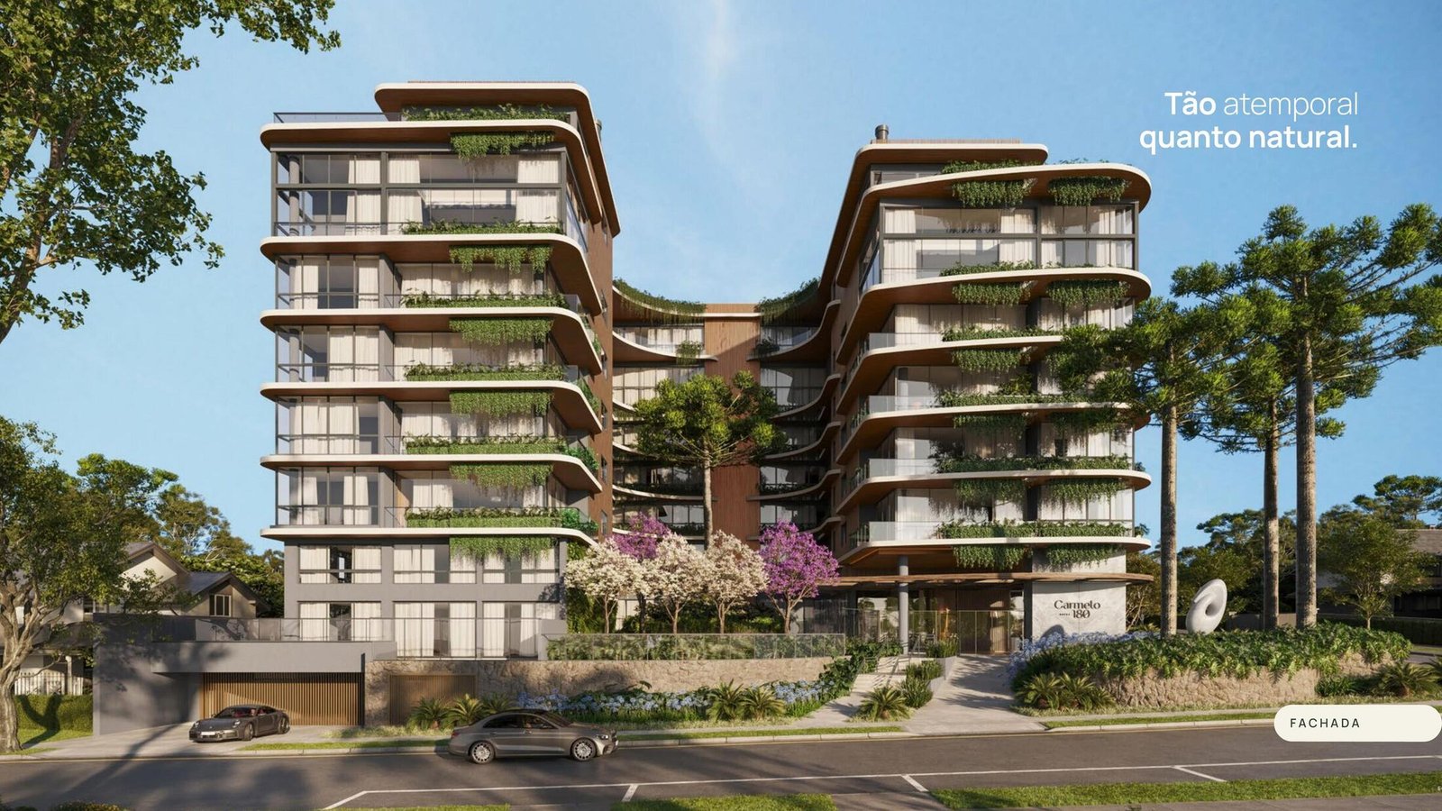 Fachada do Carmelo 180, edifício residencial de alto padrão no Batel, Curitiba, com araucárias preservadas