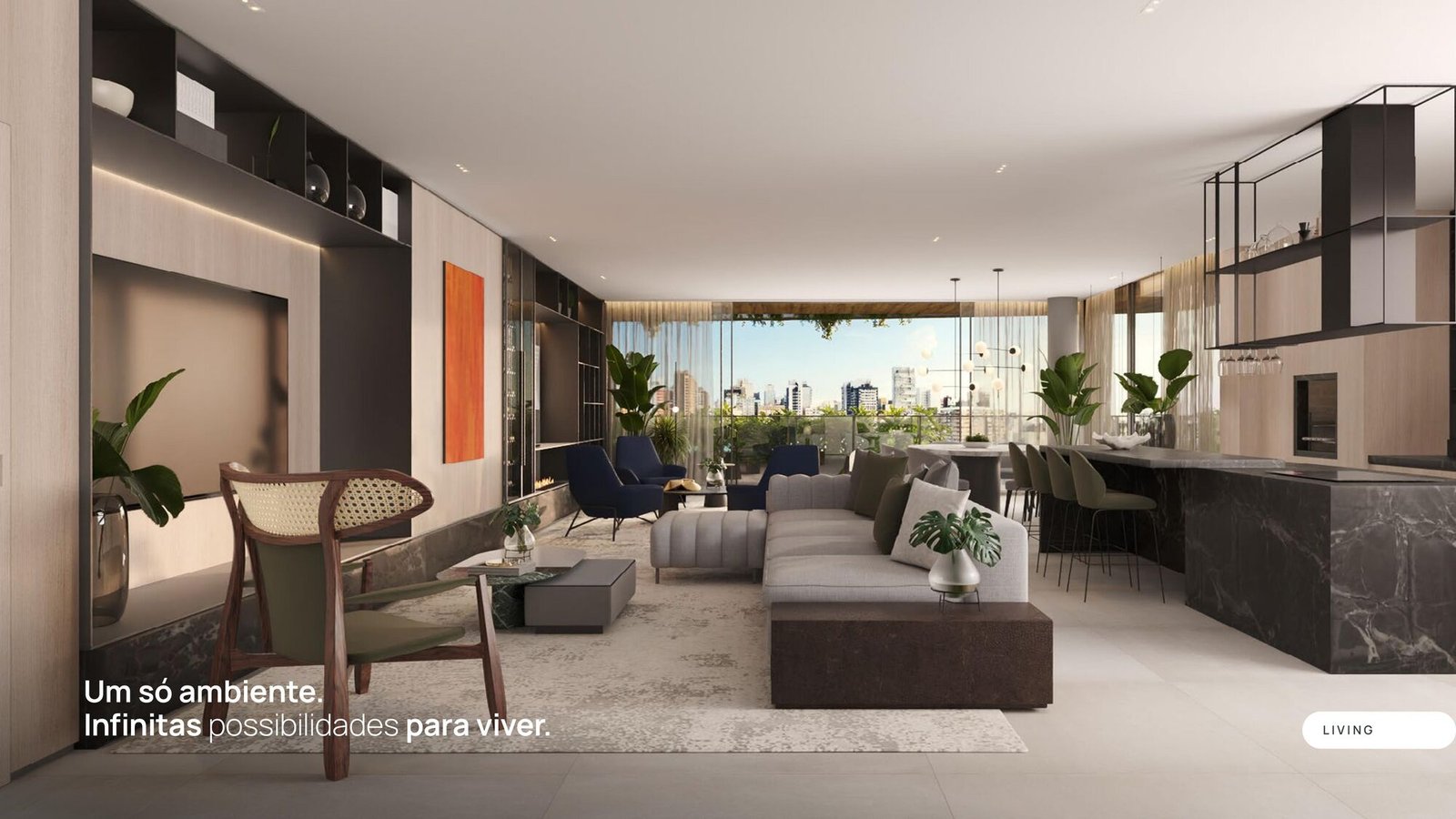 Living integrado do apartamento tipo do Carmelo 180