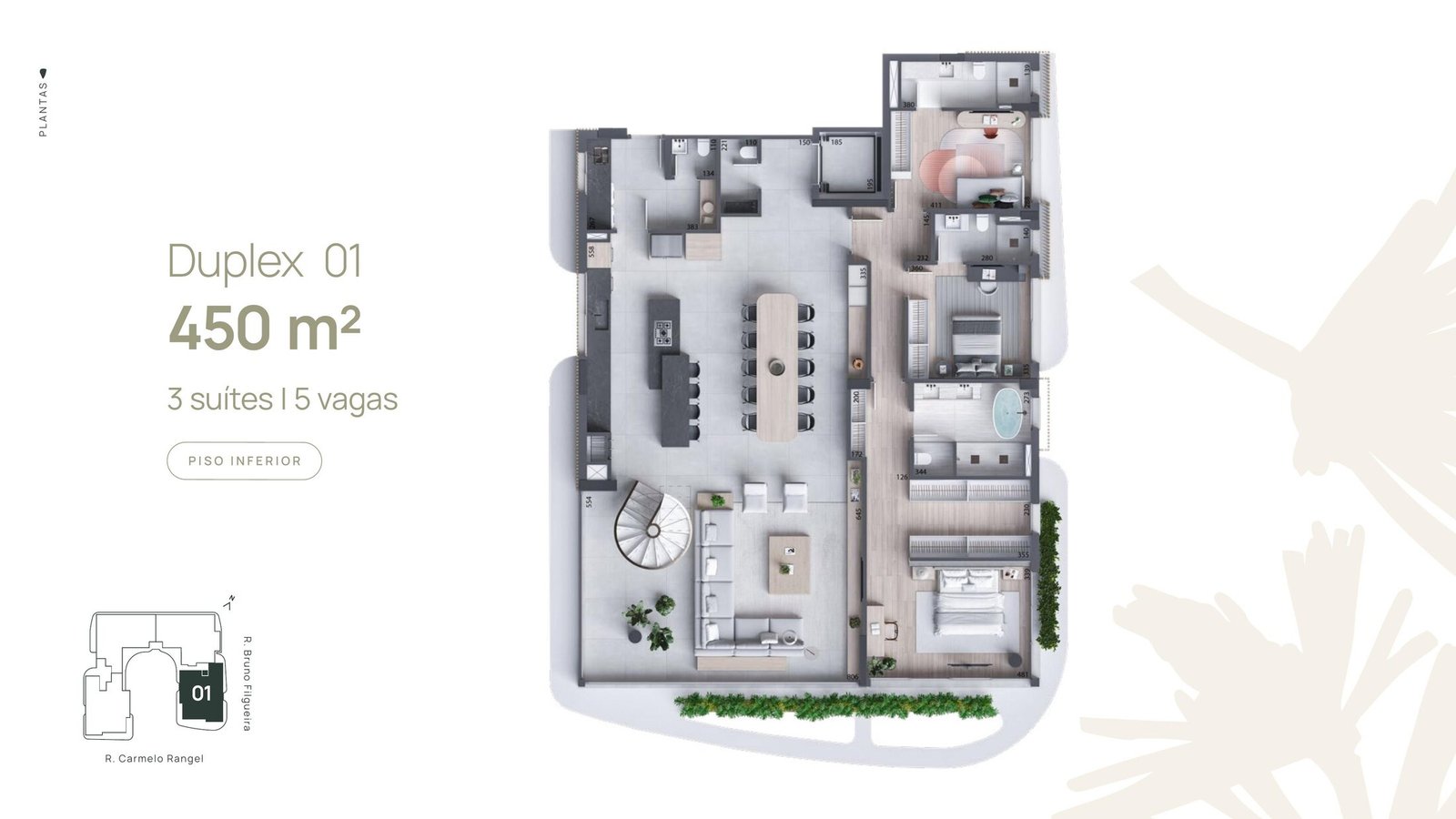 Planta do Duplex 01 do Carmelo 180, piso inferior, 450 m²