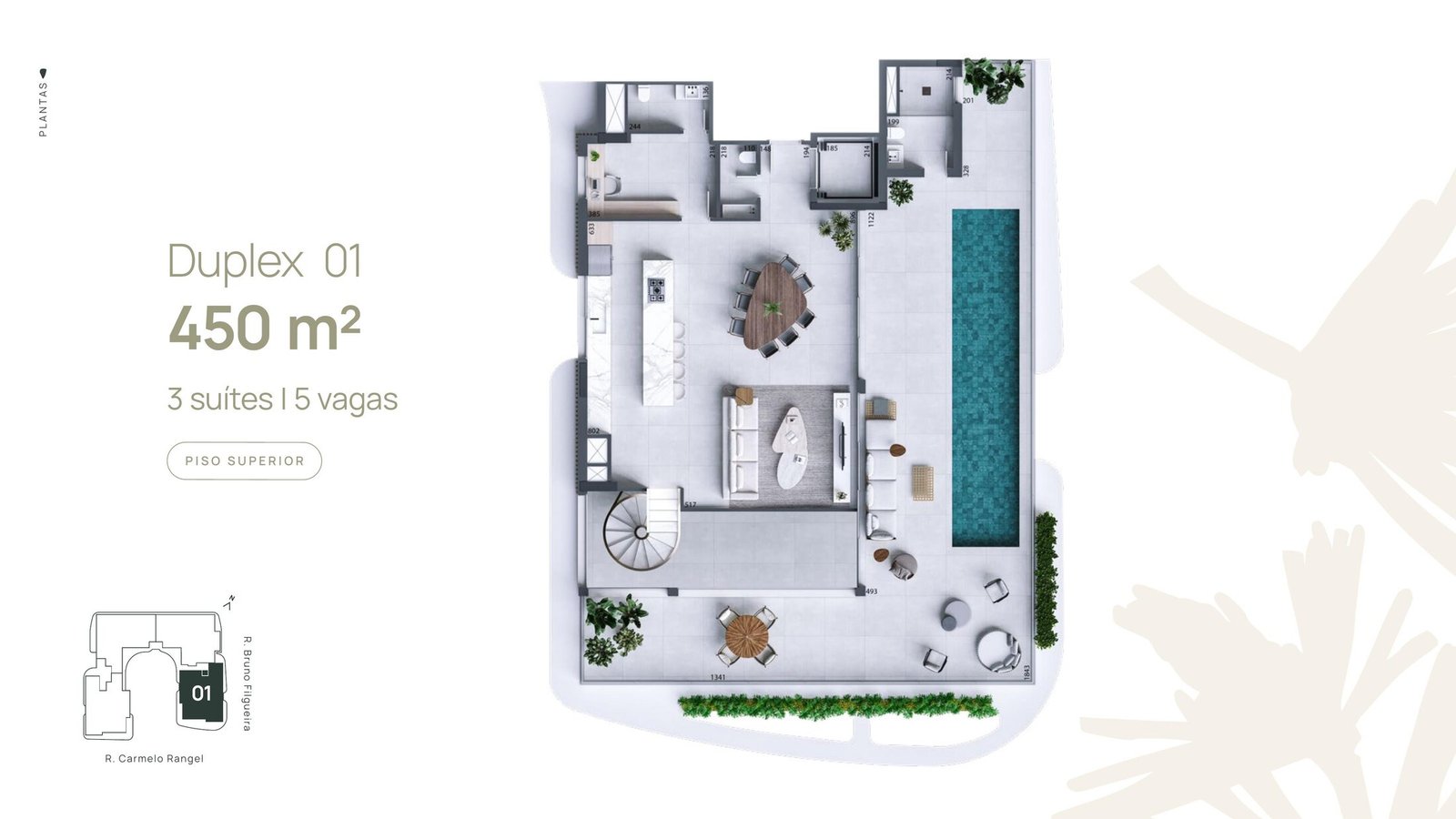 Planta do Duplex 01 do Carmelo 180, piso superior, 450 m²