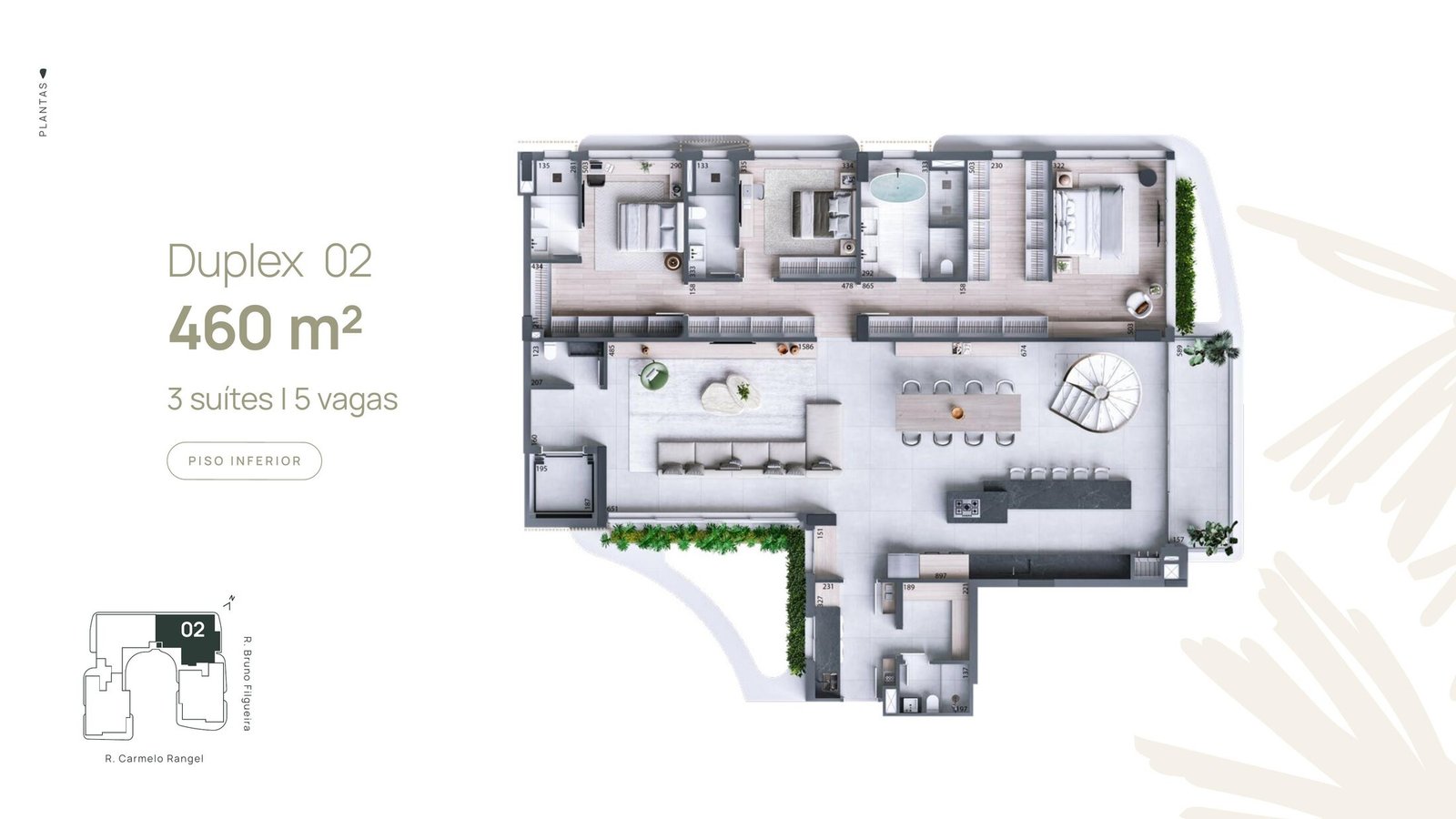 Planta do Duplex 02 do Carmelo 180, piso inferior, 460 m²