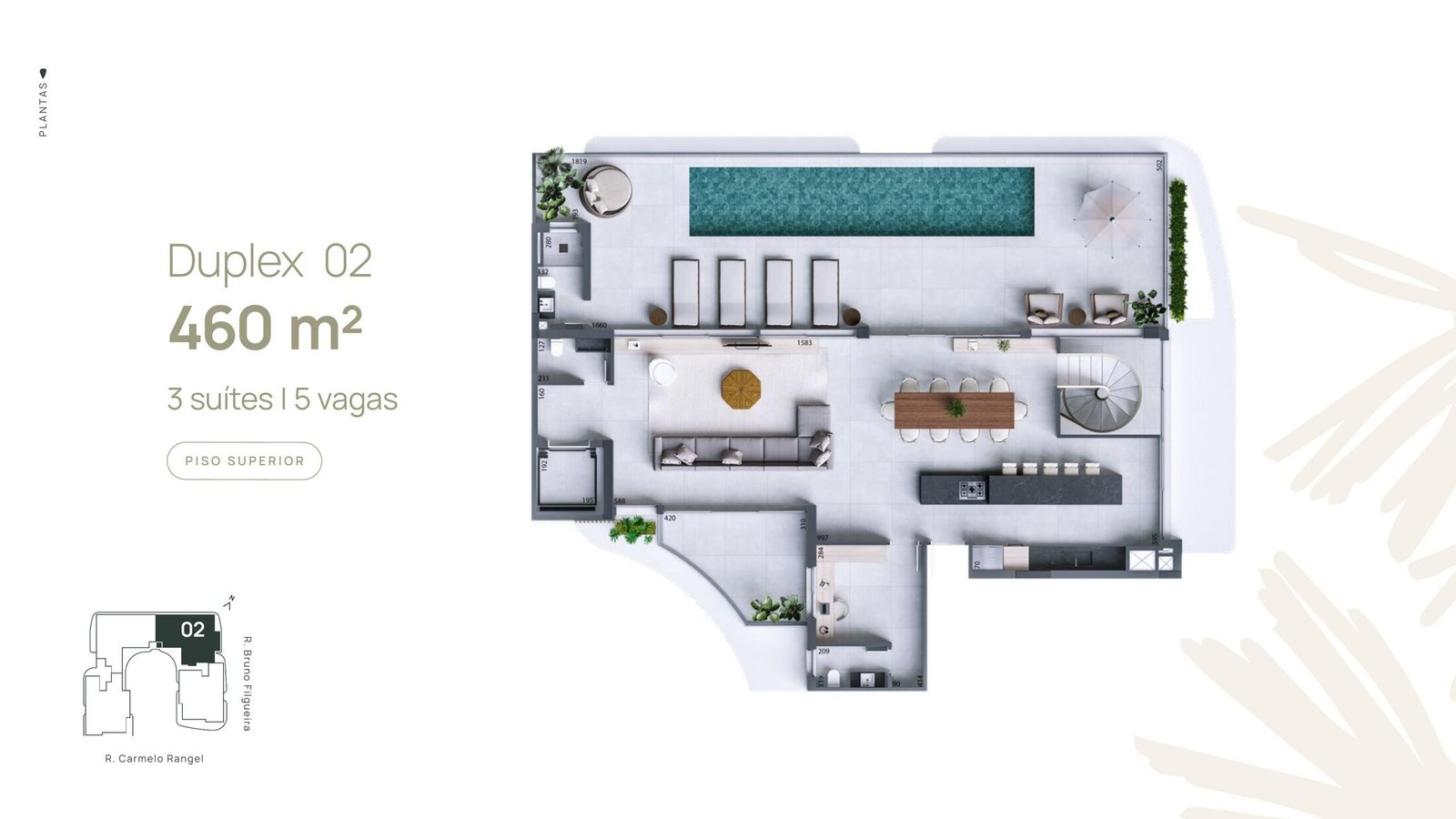 Planta do Duplex 02 do Carmelo 180, piso superior, 460 m²