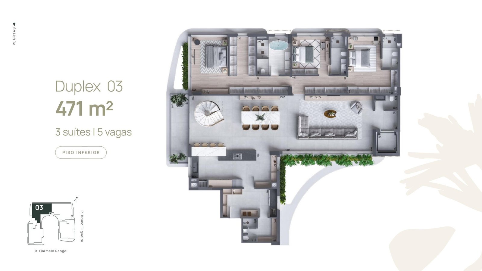Planta do Duplex 03 do Carmelo 180, piso inferior, 471 m²