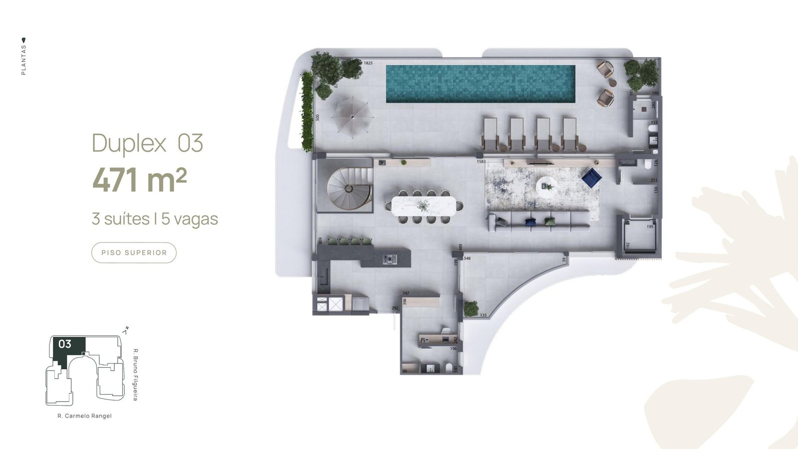 Planta do Duplex 03 do Carmelo 180, piso superior, 471 m²