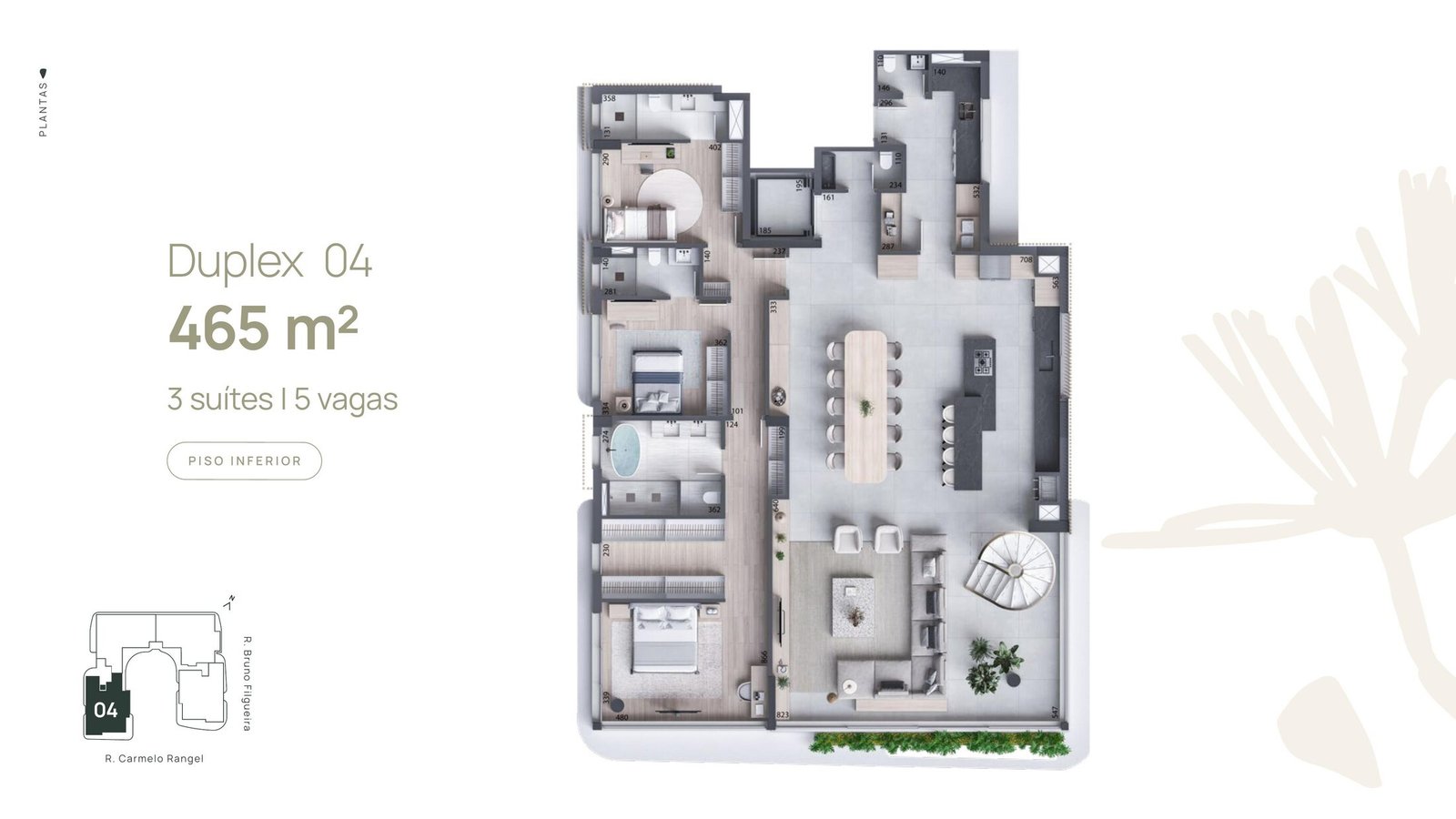 Planta do Duplex 04 do Carmelo 180, piso inferior, 465 m²