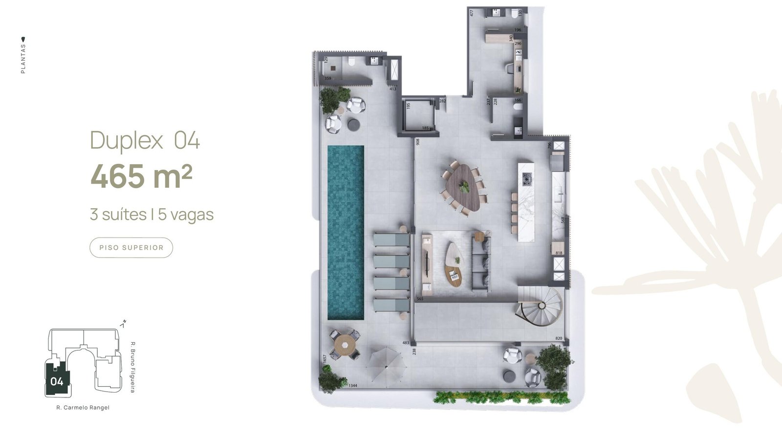 Planta do Duplex 04 do Carmelo 180, piso superior, 465 m²