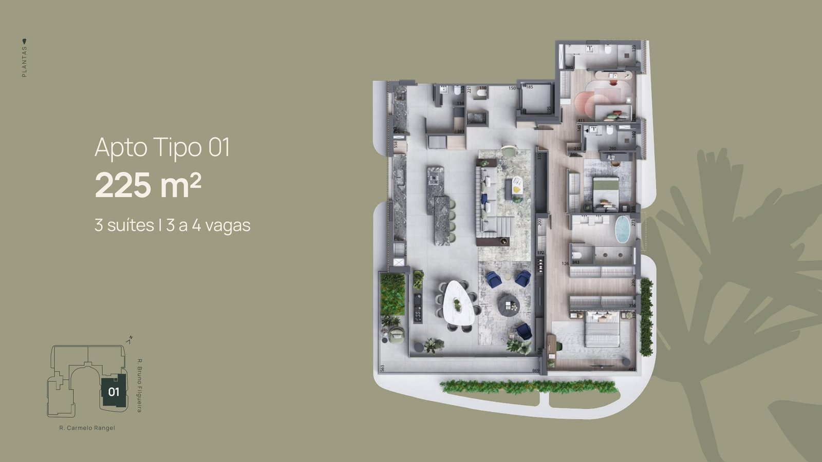 Planta do Apartamento Tipo 01 do Carmelo 180, 225 m², 3 suítes
