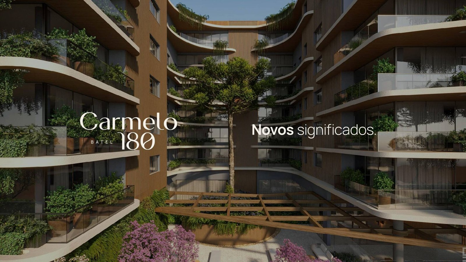 Praça central do Carmelo 180 desenhada ao redor de uma araucária preservada, com fachada em curva e varandas ajardinadas