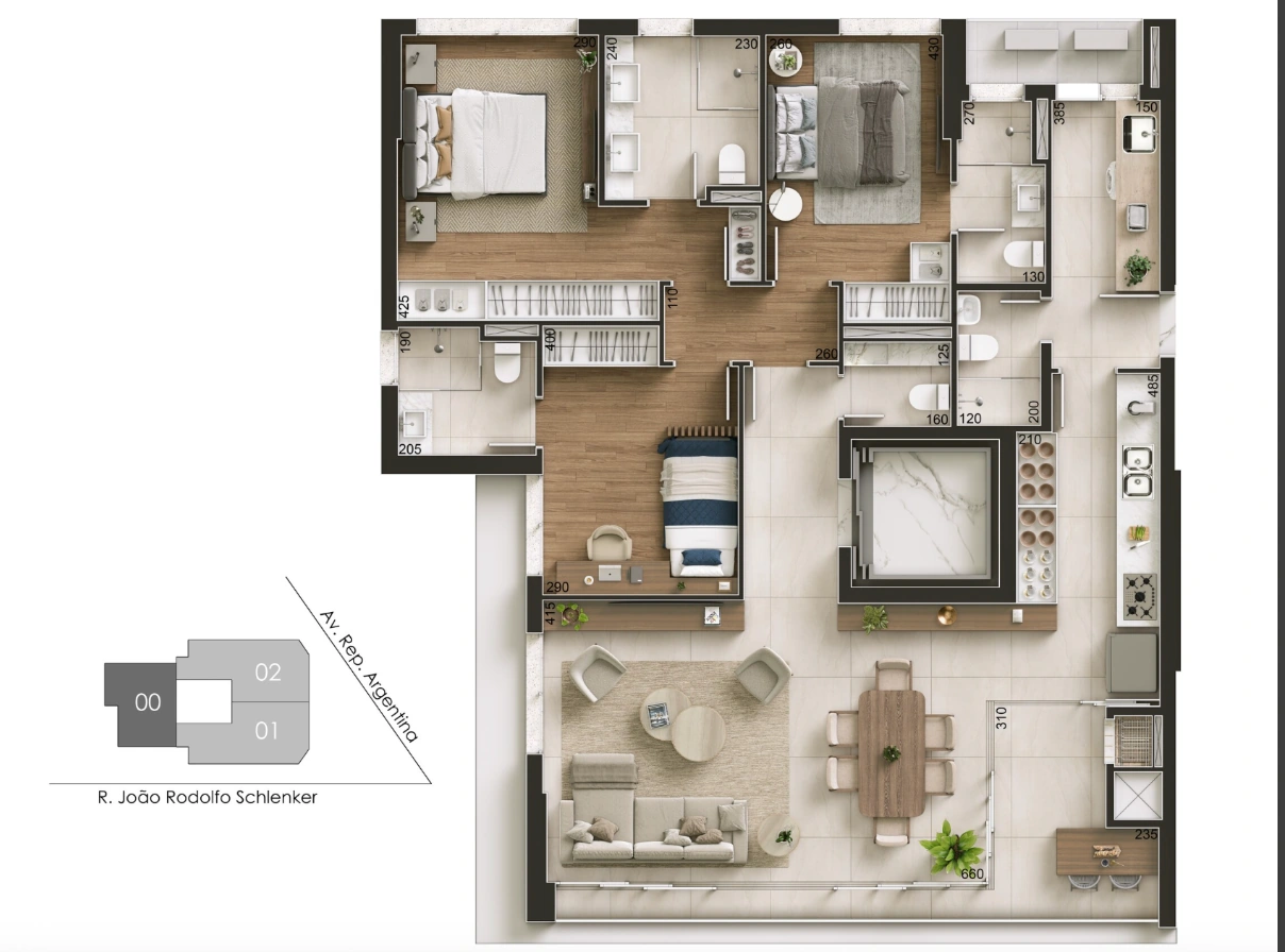 Planta 01 do CEDRAT, apartamento de 3 dormitórios com 141 m²