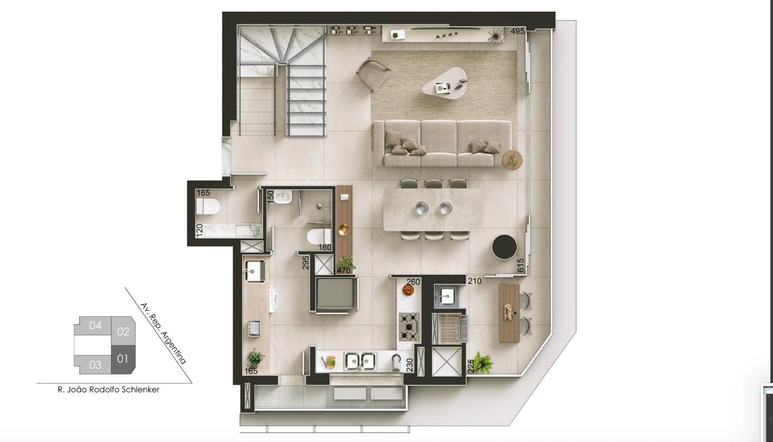 Planta 03 do CEDRAT, duplex inferior de 2 dormitórios com 147 m²