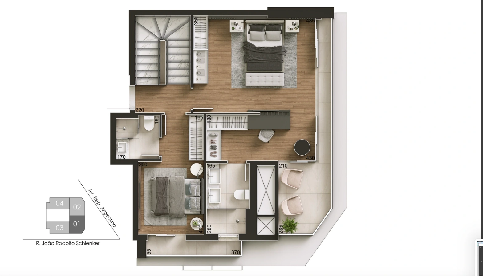 Planta 04 do CEDRAT, duplex superior de 2 dormitórios com 147 m²