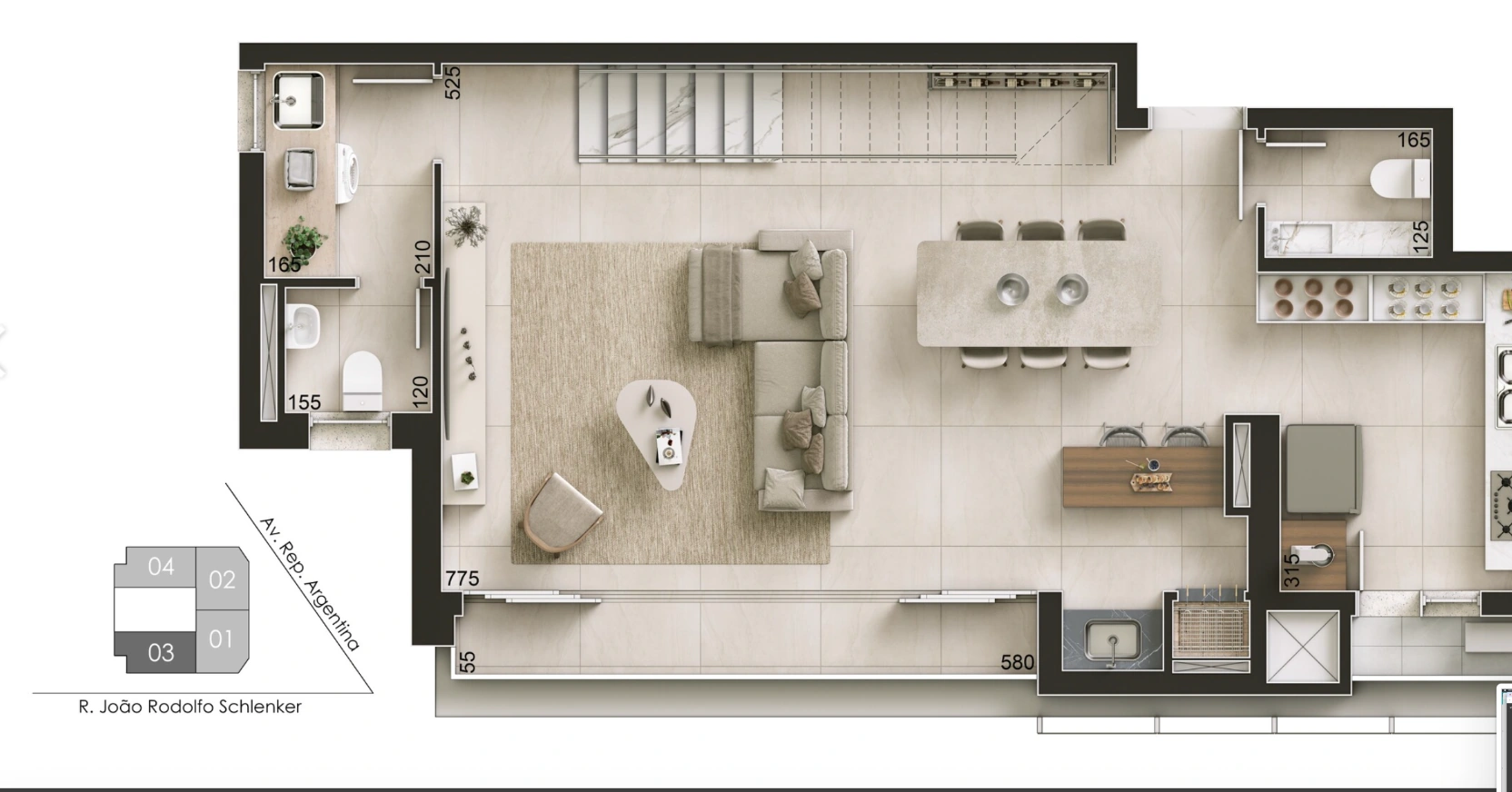Planta 05 do CEDRAT, duplex inferior de 3 dormitórios com 151 m²