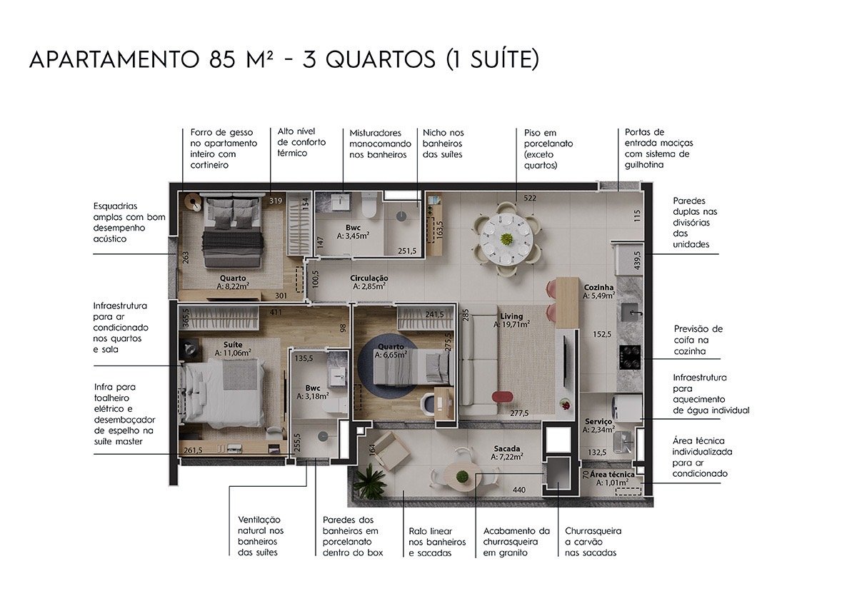 Planta apartamento 85 m², 3 quartos e 1 suíte