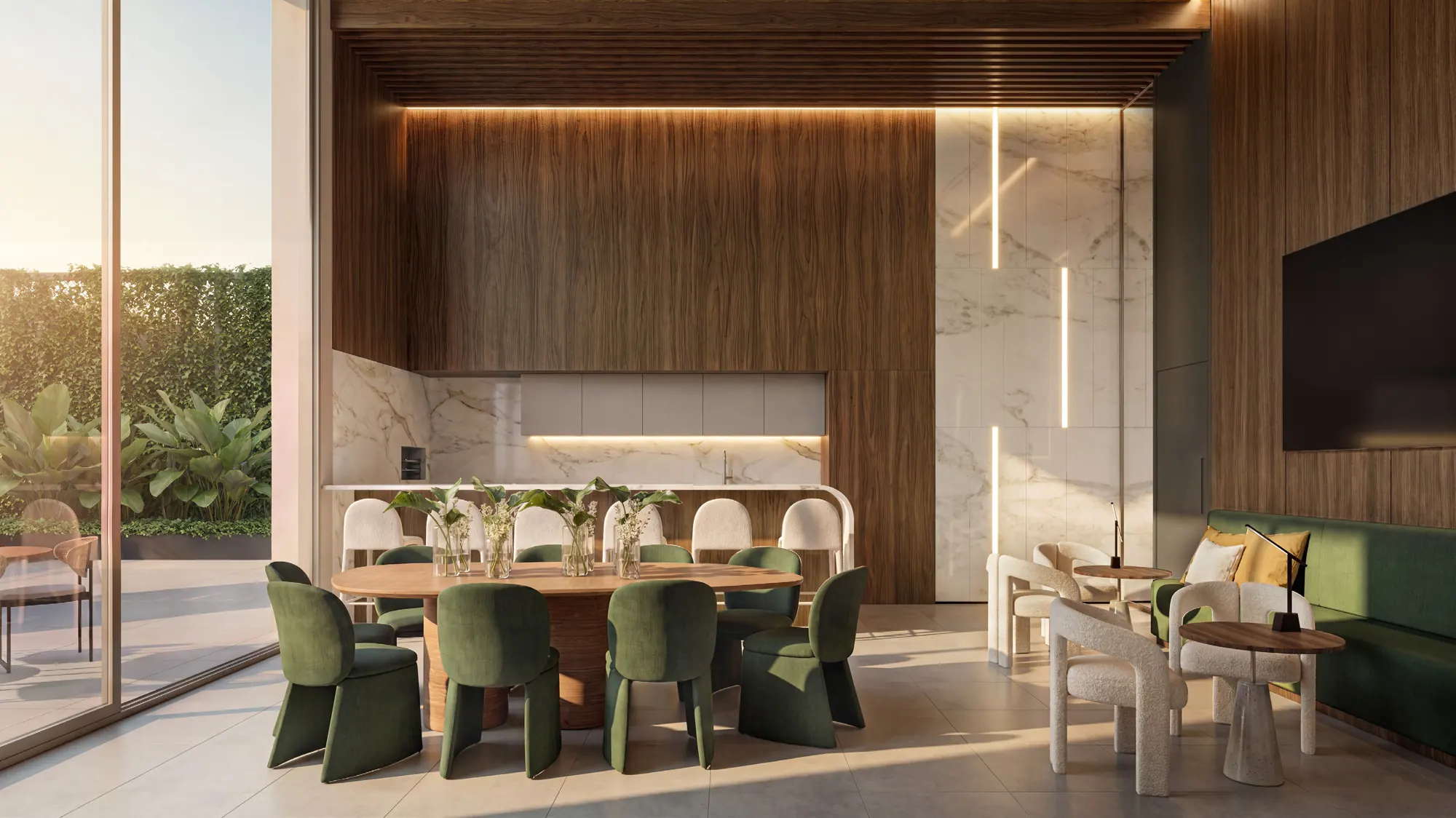 Espaço gourmet do LYS Batel com mesa e painel em madeira