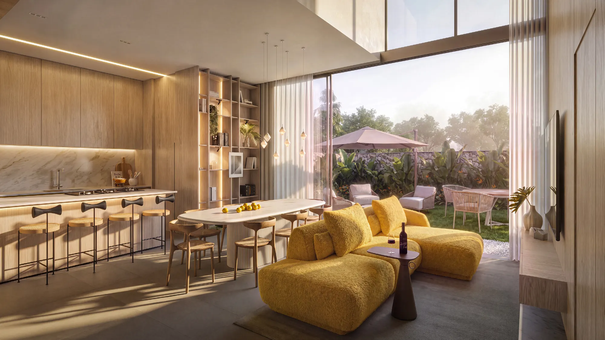 Sala integrada ao jardim em apartamento Garden do LYS Batel