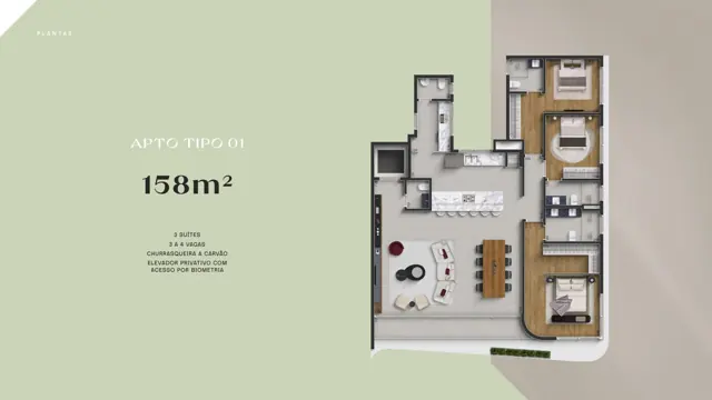 Planta do apartamento Tipo 01 do LYS Batel, 158 m², 3 suítes