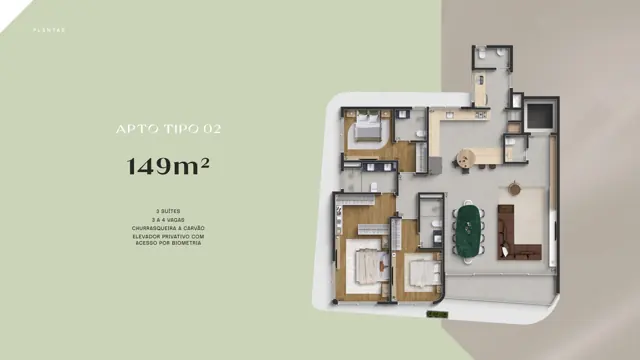 Planta do apartamento Tipo 02 do LYS Batel, 149 m², 3 suítes