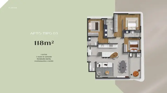 Planta do apartamento Tipo 03 do LYS Batel, 118 m², 3 suítes