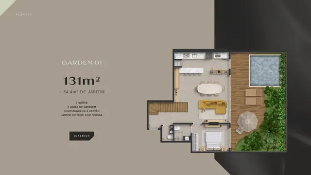 Planta do pavimento inferior do Garden 01 do LYS Batel, 131 m² e 54,4 m² de jardim