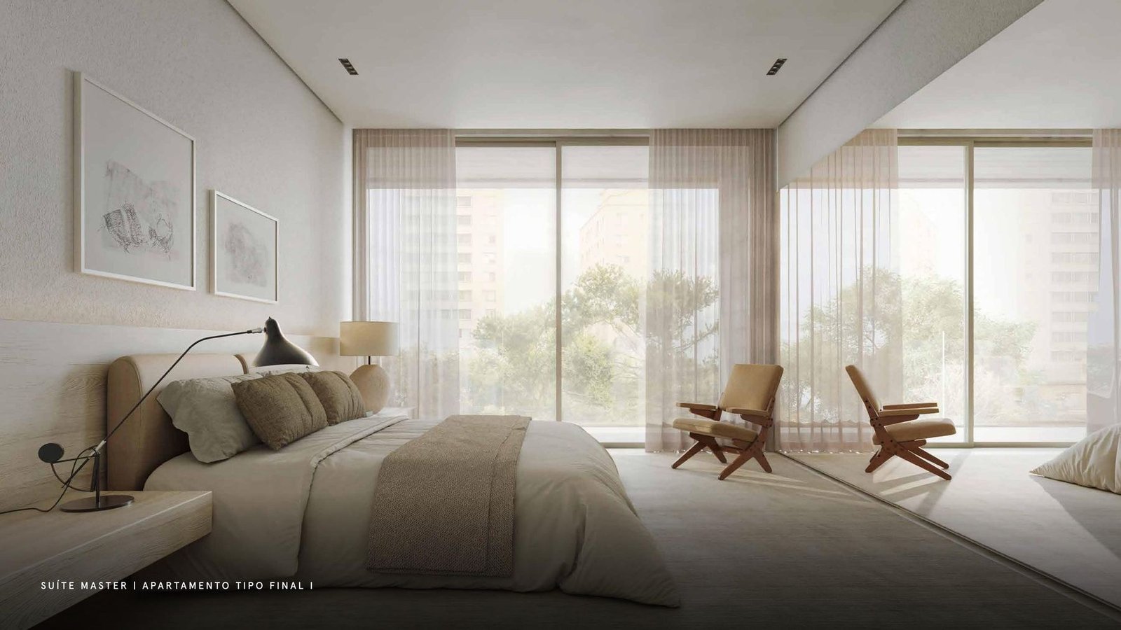 Suíte master de um apartamento tipo do Edifício Manhã com iluminação natural