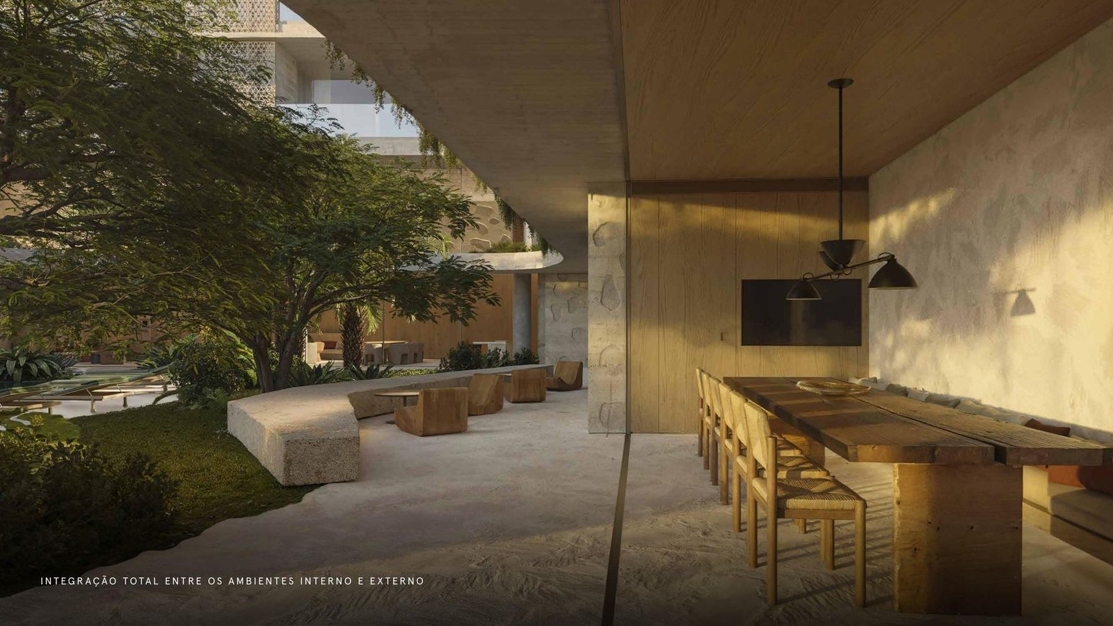 Espaço gourmet do Edifício Manhã com integração total entre ambiente interno e externo