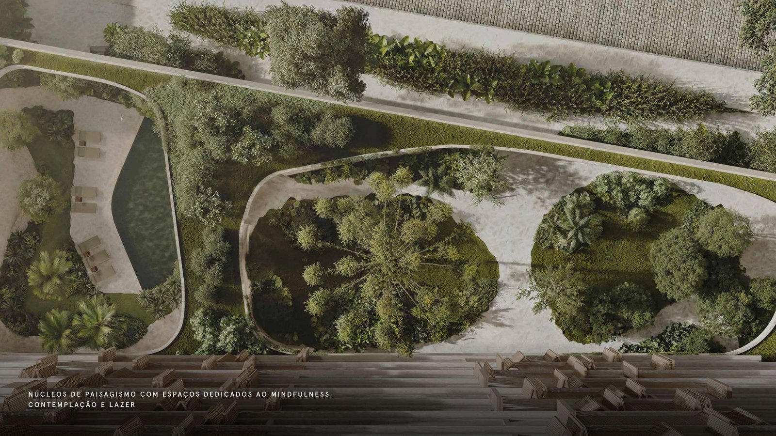 Vista aérea dos núcleos de paisagismo com espaços dedicados ao mindfulness, contemplação e lazer no Edifício Manhã