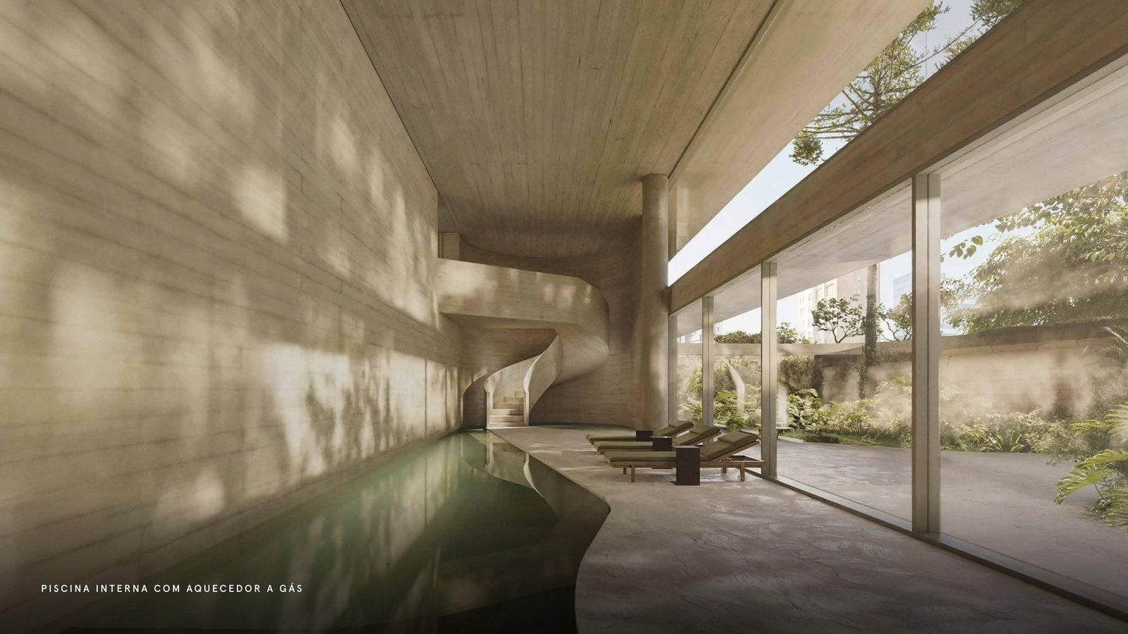 Piscina interna aquecida a gás do Edifício Manhã, com escada em espiral de concreto
