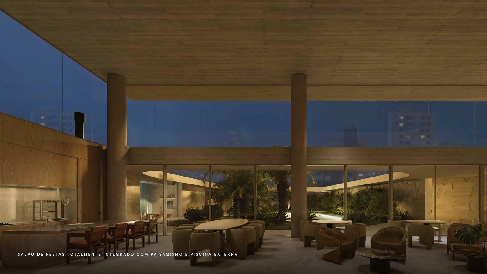 Salão de festas do Edifício Manhã totalmente integrado com paisagismo e piscina externa