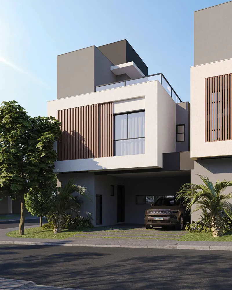 Fachada 2 da Casa tipo A, com ripado de madeira e volume branco