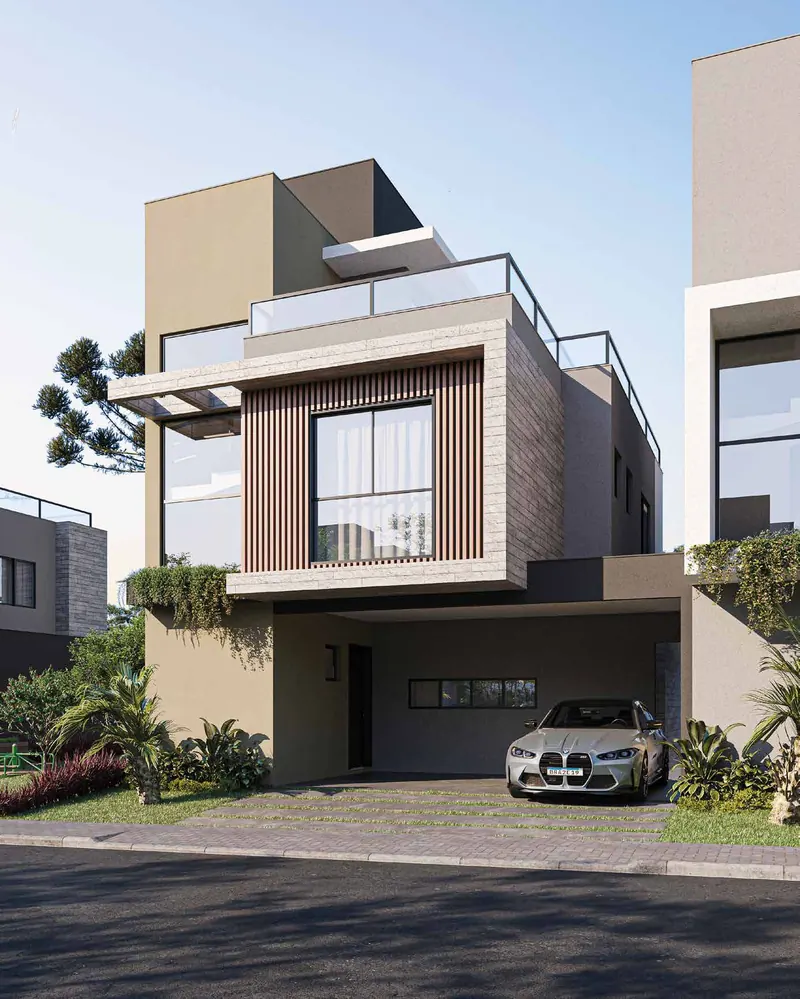 Fachada 3 da Casa tipo B, com pedra e ripado de madeira