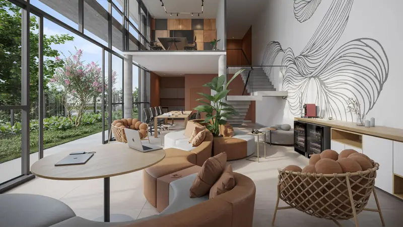 Coworking do Réve em dois níveis, com estar, mesa de reunião e vidros para o jardim