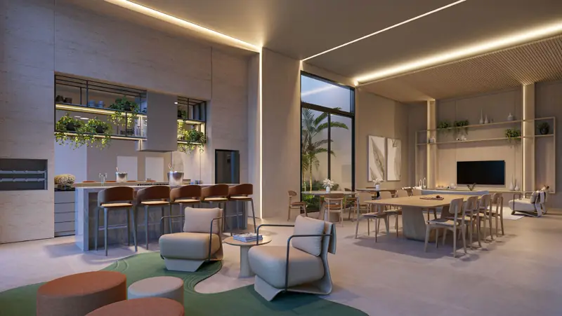 Espaço gourmet do Réve com bancada, churrasqueira, estar e mesa de refeições