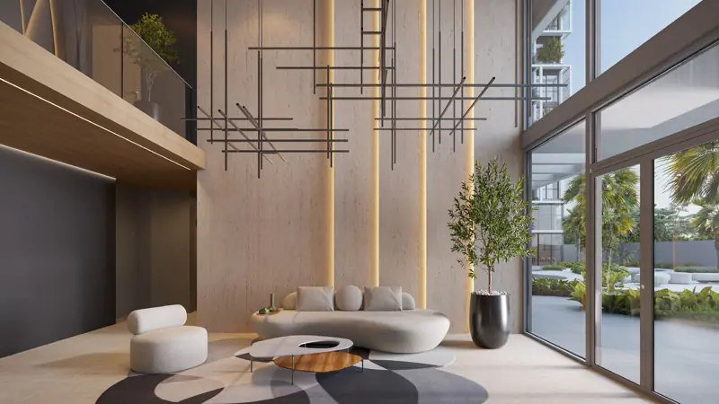 Hall social do Réve com pé-direito duplo, painel em pedra com iluminação linear e vidros para o jardim