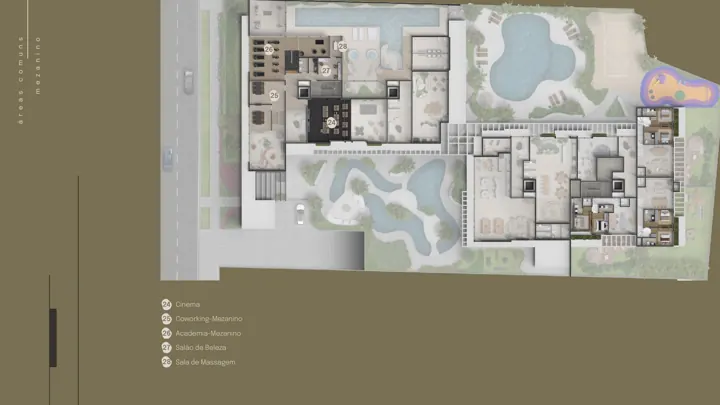 Implantação do mezanino das áreas comuns do Réve, com cinema, coworking e academia