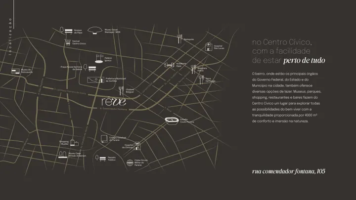 Mapa do Centro Cívico em Curitiba com o Réve e os pontos de referência da região