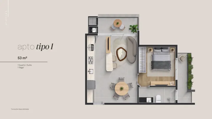 Planta do Apartamento Tipo 1 do Réve, 53 m² (planta)