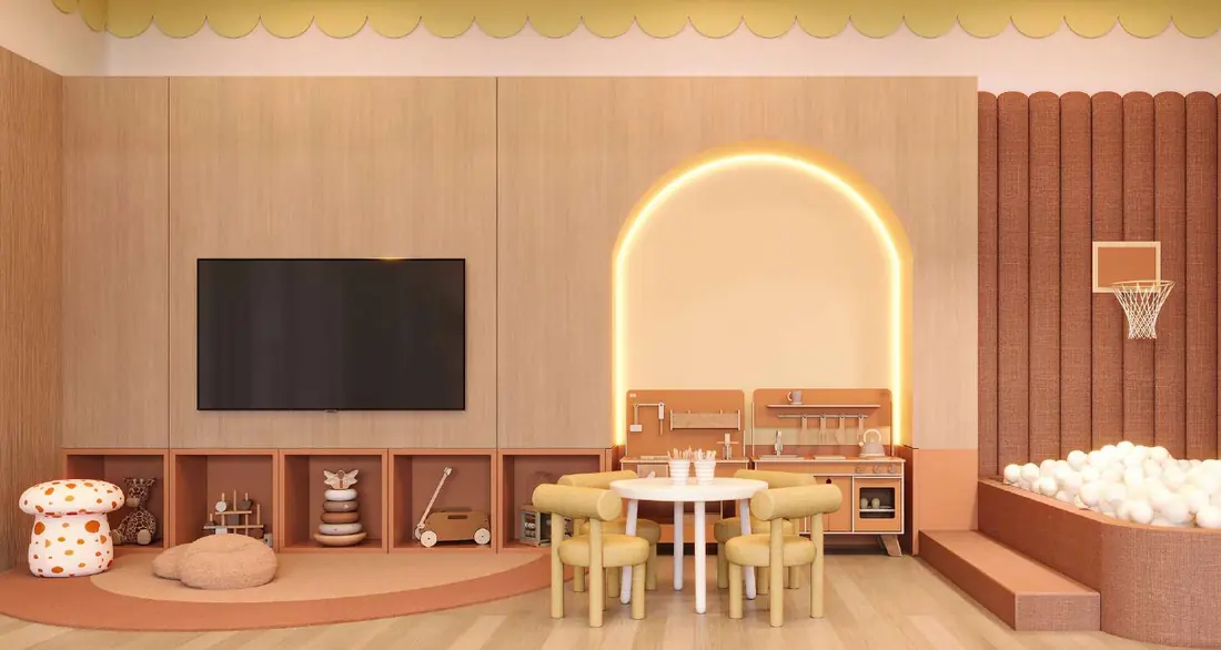 Brinquedoteca com nicho em arco iluminado, mesa infantil e piscina de bolinhas