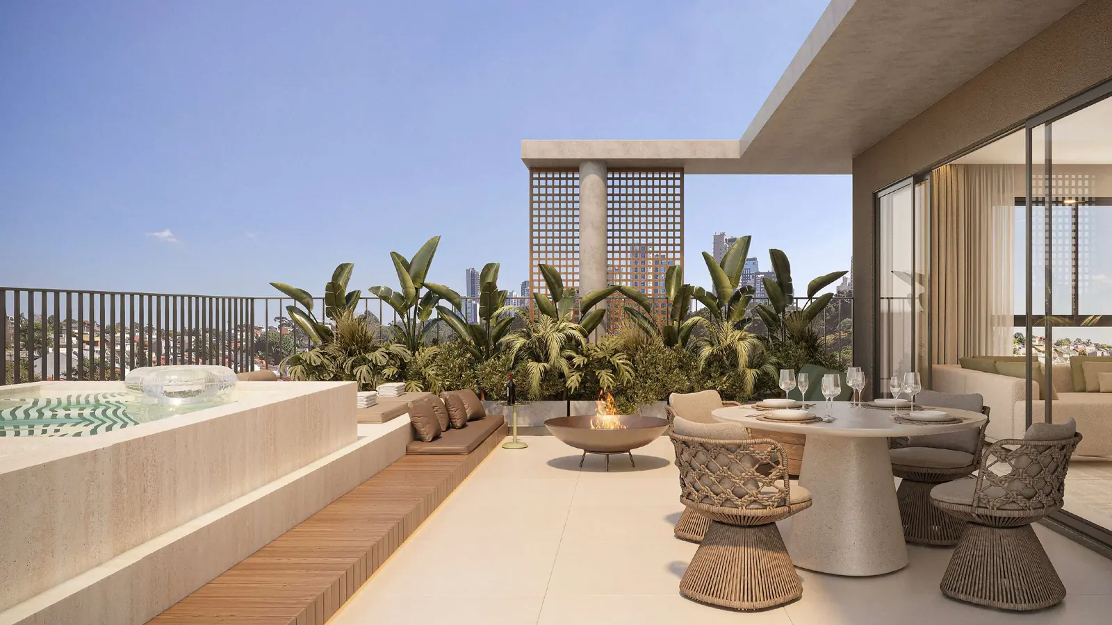 Terraço com banco em madeira, mesa de jantar, brasa e vista para a cidade