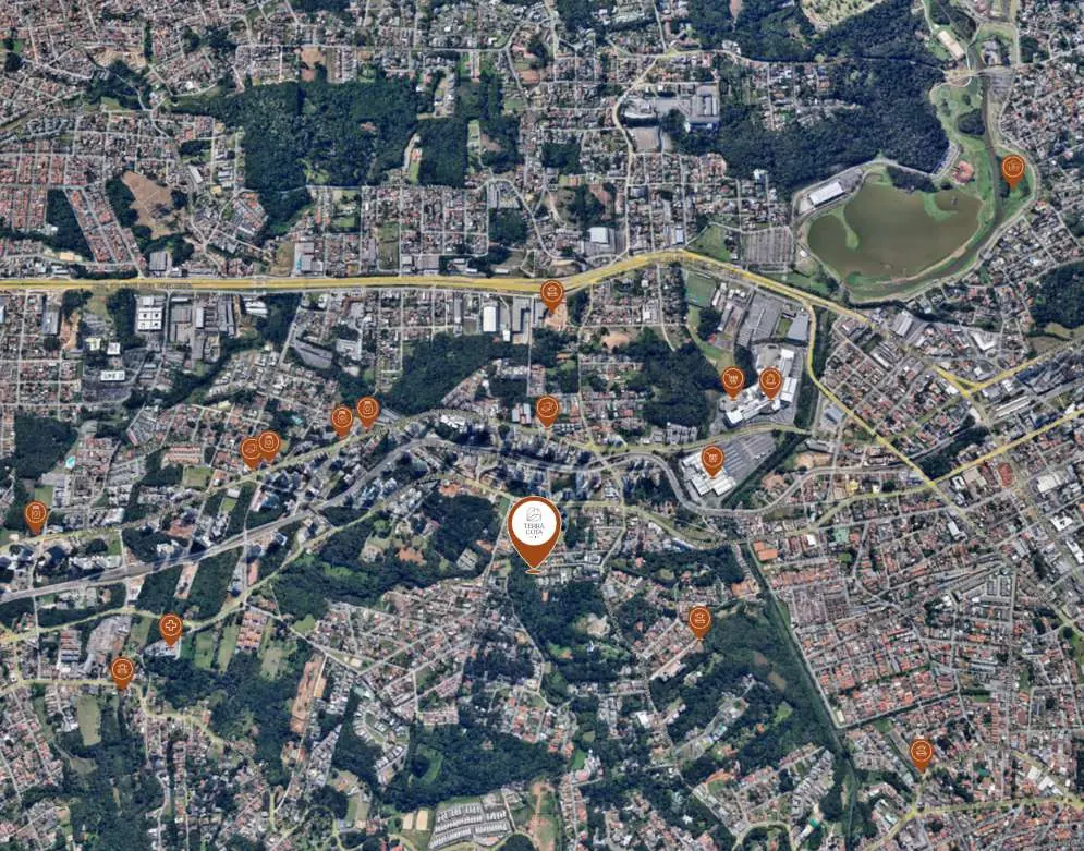 Mapa de satélite com a localização do Terracota Ecoville e os pontos de apoio no entorno