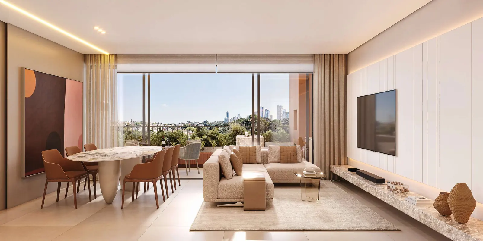 Sala de estar e jantar com sofá, mesa oval e vista para o bosque